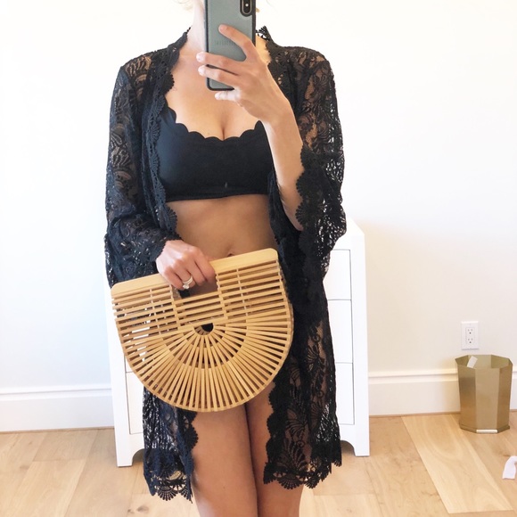 TAHITI Black Lace Coverup Robe w Sash - Picture 2 of 8